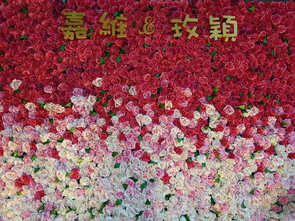 玫瑰花牆 真愛桃花源婚宴玫瑰花牆背板,由紅色漸層至粉白的仿真玫瑰鋪滿整面,中央以金色字體標示新人姓名,是迎賓與合影背景