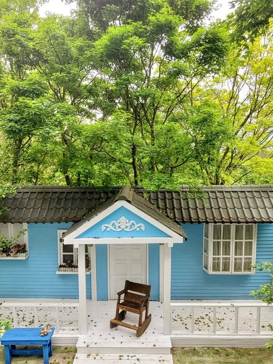 真愛桃花源藍色木屋造景，白色門廊前擺放木搖椅與小方几，四周綠樹環繞